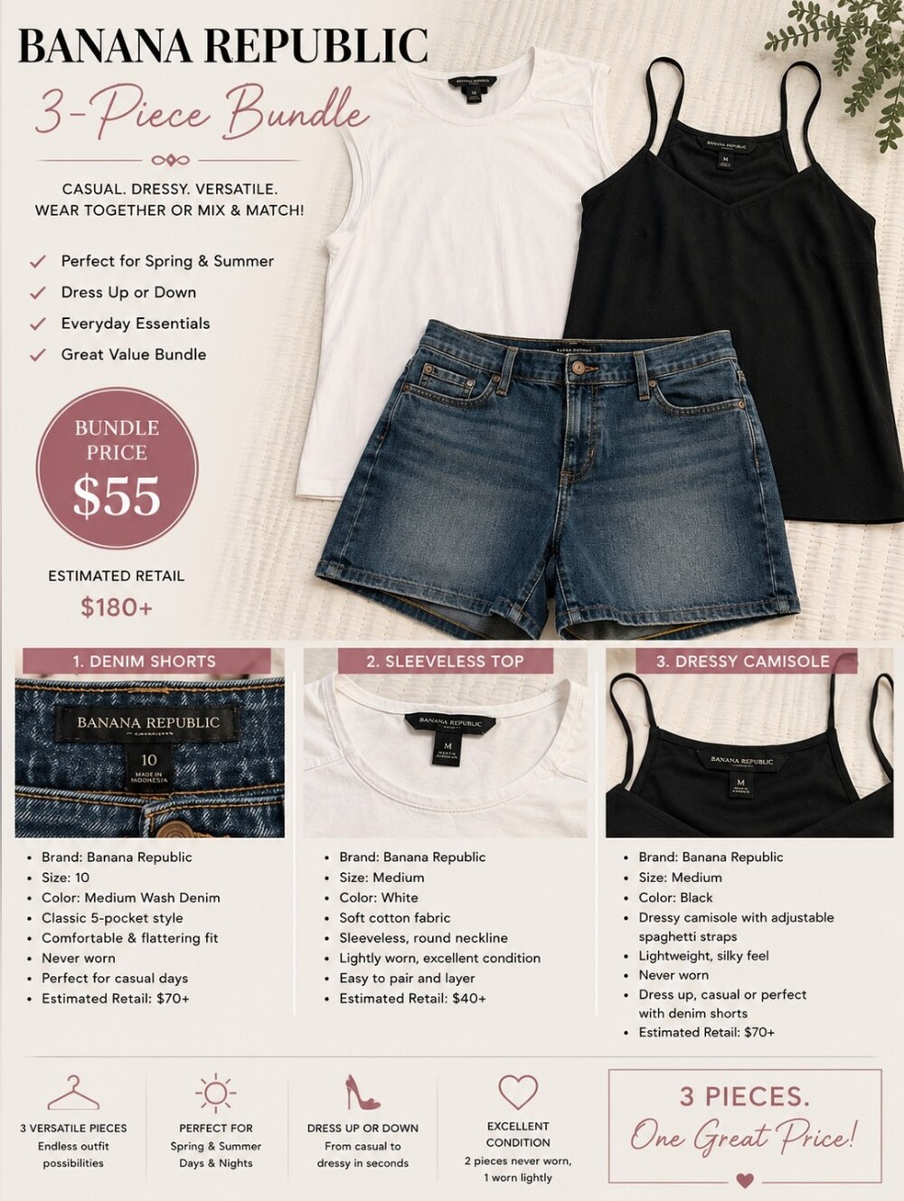Banana Republic 3-Piece Summer Bundle | Denim Shorts + White Top + Black Cami |